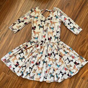 NWOT Dot Dot Smile 3/4 Sleeve Crossback Dress Dogs Print Cream 5/6